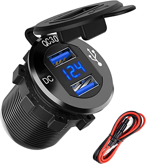 *J4* CIGARRERA USB 3.0 DOBLE 12V-24V, REDONDO *5V/4.8A (CARGA) *CON VOLTIMETRO, HOUSING NEGRO/ LED AZUL