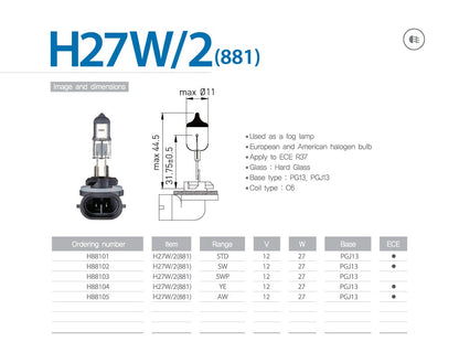 H27/2 (881) AMOLUX BOMBILLA HALÓGENA CON BASE DE PLASTICO PARA FAROS DELANTEROS - 27 WATTS