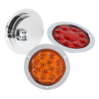 GPM 320-595A-MV-E LUCES LED REDONDAS PARA CAMIONES Y REMOLQUES - LUCES LED DE FRENO / DE GIRO / TRASERAS CON DIAMETRO DE 4" CON ARANDELA DE ACERO INOXIDABLE Y ENCHUFE DE 3 CLAVIJAS - MONTAJE EMPOTRADO - 12/36V